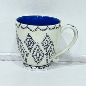 Vintage Starbucks 2002 Barista Footed Coffee Mug| Black Lace Diamond Cream Blue